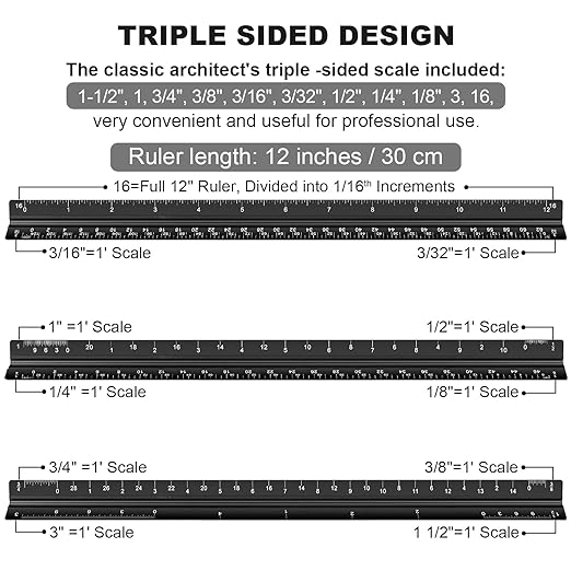 Architectural Scale Ruler Set, 2 Pack 12 Inch Aluminum Architect Ruler with Standard Metal Ruler, Imperial Architect Triangular Ruler with Etching for Architects, Engineers, Students and Draftsman