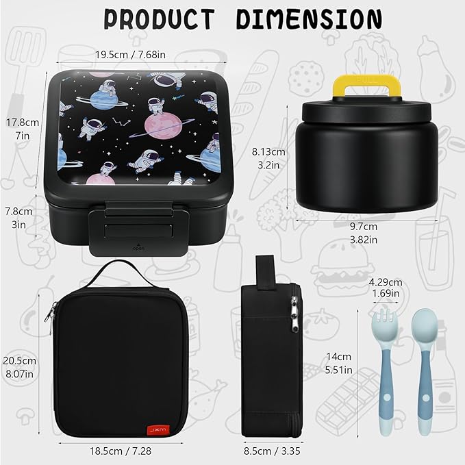JXXM Bento Lunch Box for Kids With 8oz Soup Thermo,Leak-proof Lunch Containers with 5 Compartment,Thermo Food Jar and Lunch Bag, Food Containers for School (A-Black(Circumnavigate Space))