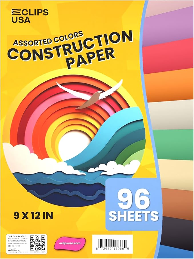 Construction Paper Assorted Colors, Colored Paper, Craft Supplies, Colored Construction Paper Bulk, Back to School Supplies (1 Pack / 96 Sheets)