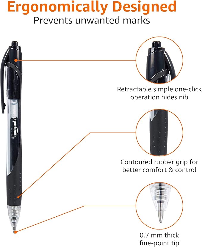 Amazon Basics Retractable Gel Ink Pens for Note-Taking and Office Writing, Fine Point 0.7mm, Smooth Writing, Black, 12-Pack