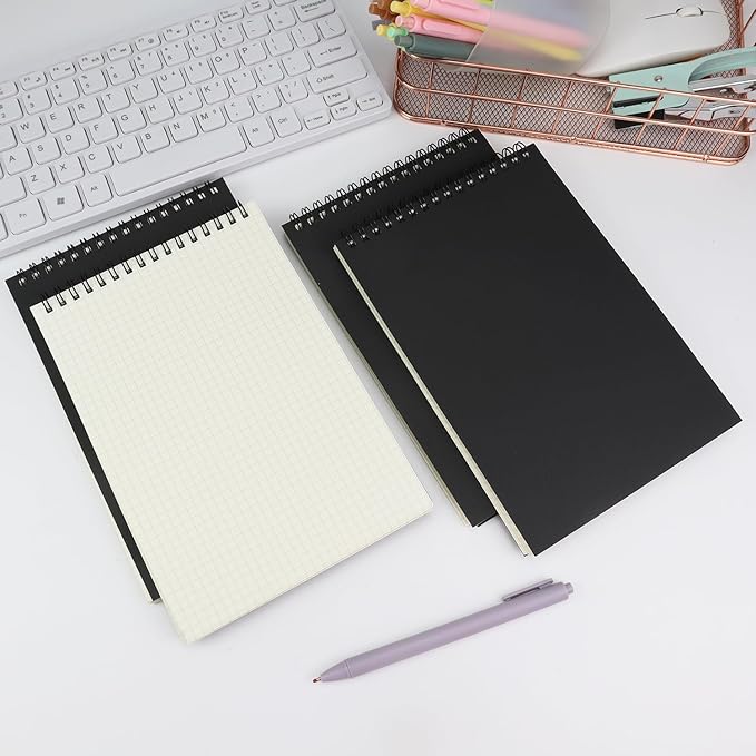 4 Pack Graph Paper Notebook, A5 Top Wirebound Grid Spiral Notebook 5.8" x 8.3",60 Sheets,5mm x 5mm Grid Paper,Grid Notepad for Students, Math, Engineering (Black)