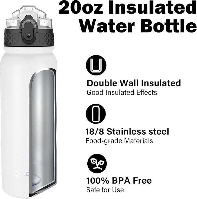 Oldley Insulated Water Bottle 20oz Water Bottles with Straw, Stainless Steel Water Bottle with 3 Lids, Double Wall Vacuum Bottles for Adult Kids, Sports Bottles for School Travel,White