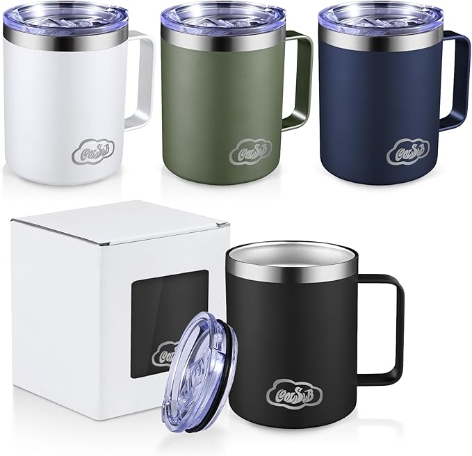 12oz Insulated Coffee Mug with Handle, Stainless Steel Wide Mouth Travel Tumblers with Lid, Double Wall Vacuum Coffee Cup for Camping, Office, Mix 4 Packs