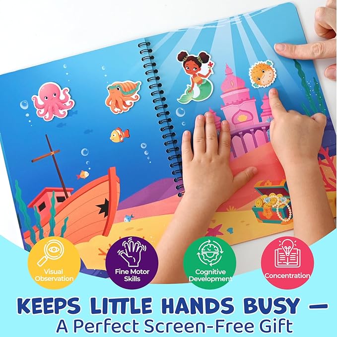 Reusable Sticker Book – Mermaid Princess Dress Up, 75 Jelly Stickers, 7 Scenes - Mermaid Toys for Girls 3-5, Travel & Road Trip Toys - Sticker Activity Book for Toddler Girls 1-3 2-4