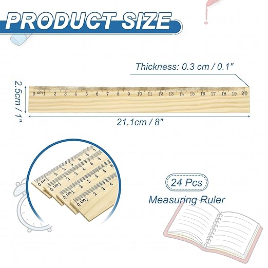 PATIKIL 8 Inch Wooden Rulers, 24Pcs Drafting Ruler Measuring Drafting Tools with Centimeters for Office Home Teacher Drawing Supplies, Wood