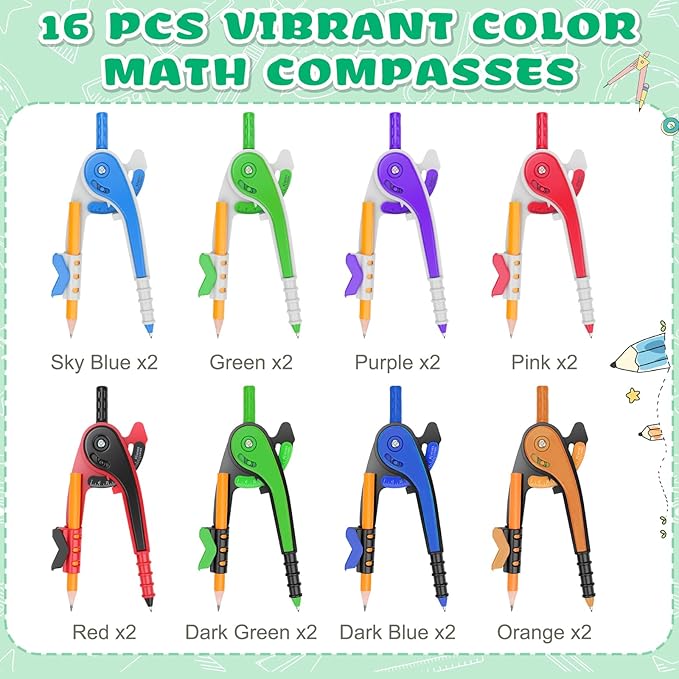 16 PCS Math Compass Geometry Math Set 6 Inch Plastic Drawing Compass with Pencils Multicolor for Math Student Classroom School Office Woodworking Art Drawing Studying