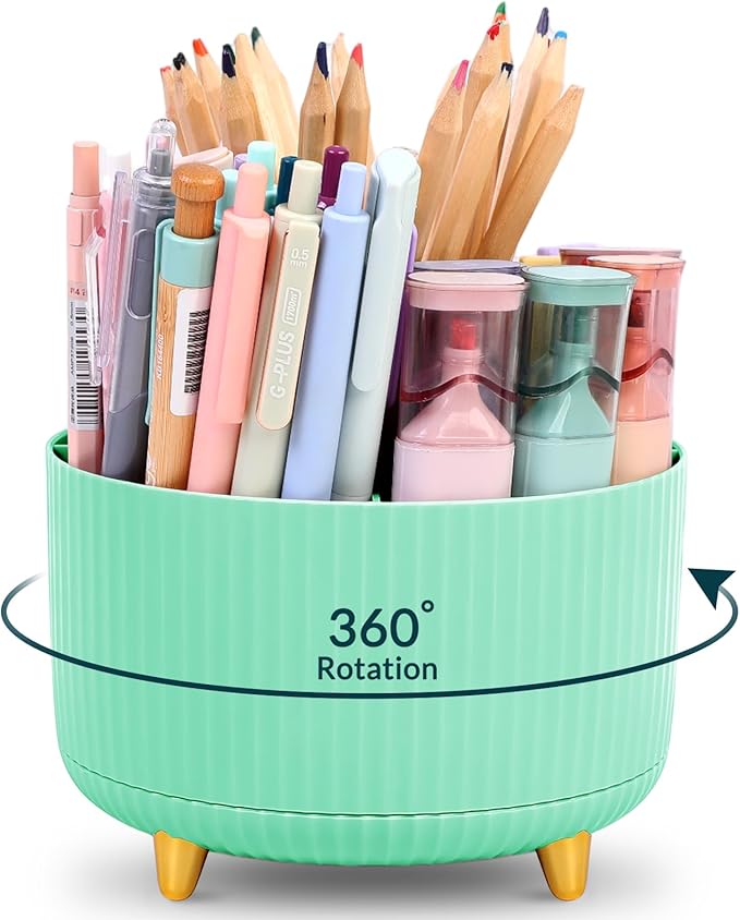 KONVINIT Pencil Pen Holder for Desk, 5 Slots 360-Degree Rotating Desktop Organizer, Cute Desk Organizers and Accessories for School, Home, Office and Art Supply, Mint Green