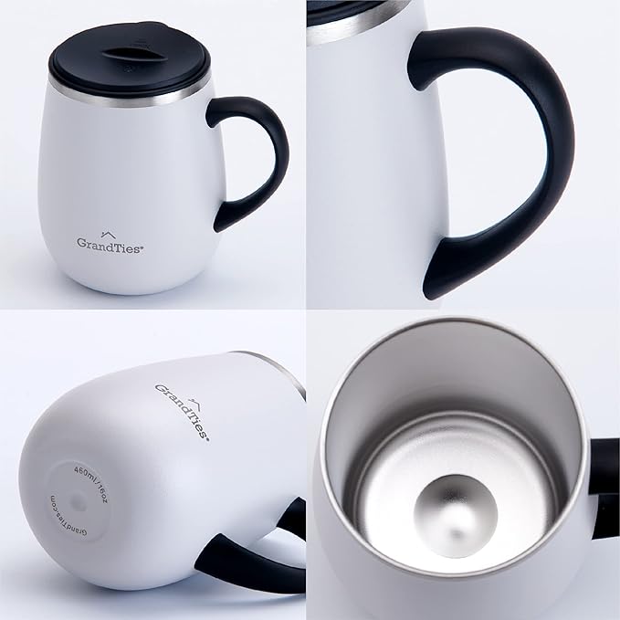 GRANDTIES Insulated Coffee Mug with Handle - Sliding Lid for Splash-Proof 16oz Wine-Glass Shape Thermal Tumbler with Double Walled Vacuum Stainless Steel to Keeps Beverages Hot or Cold-Pearl
