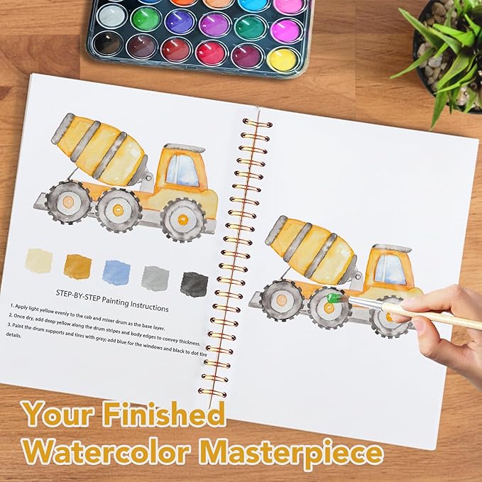 Easy Watercolor Workbook for Beginners - 12 Beautiful Step-by-Step Paintings Water Coloring Book, Includes 18 Colors Paints, Relaxing Art Projects and Creative Gift for Adults (Construction Vehicles)