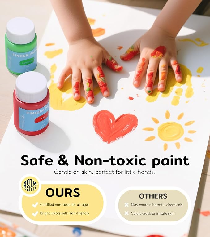TMOL Washable Paint for Kids, 10 Colors (2 fl oz) 40 Pcs Non-Toxic Finger Paint Kit with Brushes, Sponge, Smock, Toddler Art Supplies for Painting, Craft & School Projects