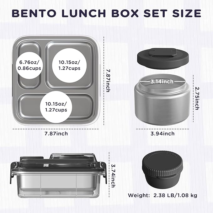 Stainless Steel Bento Lunch Box for Kids Adults with 8oz Insulated Food Jar,Ice Pack,Leak-proof,Dishwasher-Safe,Transparent Lid with Sauce Cup and Cutlery Storage for School & Travel,BPA-Free(Black)