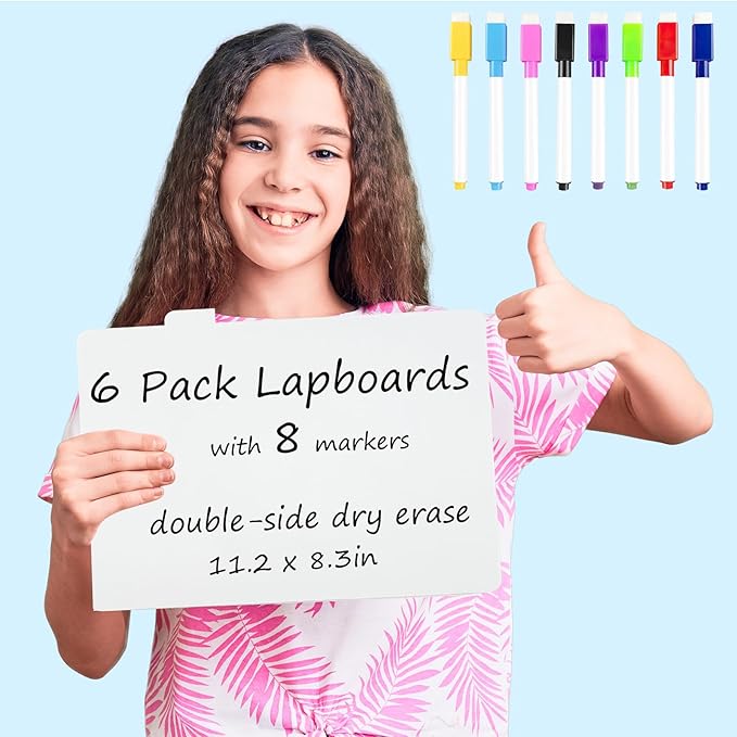 6 Pack Dry Erase LapBoards Double Sided 11.2 x 8.3 Inch Dry Erase Boards with 8 Pcs Markers Whiteboards for Office Students Classroom Teacher Supplies