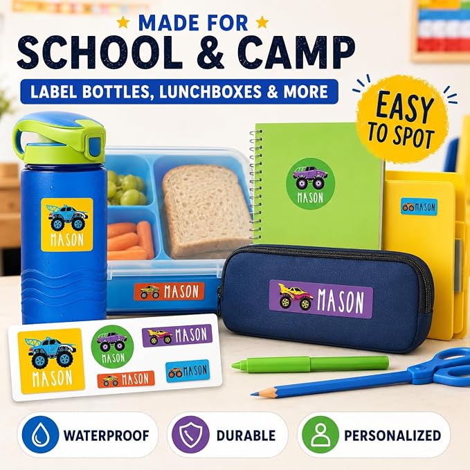 Andaz Press Custom Personalized Waterproof School Name Labels, Monster Trucks, 120-Pack, Kids Labels Combo, Customizable Name Stickers Personalized School Supplies Camp Label Daycare Stickers