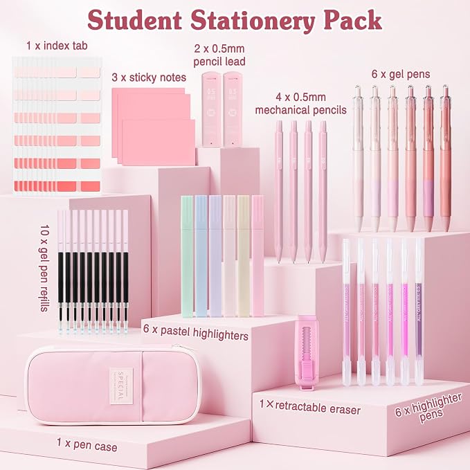 MoKo 49Pcs Aesthetic School Supplies, Pink Cute Pencil Case Set with Pastel Highlighters, Mechanical Pencils with Refills, Eraser & Sticky Notes Tabs Set for Middle & College Students Stationery