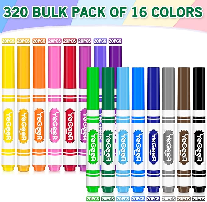 YEGEER 320 Count Washable Markers Bulk – 16 Assorted Colors, Broad Tip Markers for Kids, Teachers, and Classroom Supplies, Perfect for Art and Coloring.(320)