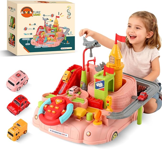 2026 Upgraded Car Adventure Toy for 3 4 5 6 Year Old Boys Girls, Race Track Toy with Steering Wheel & Sound, Montessori STEM Toys for Toddlers, Fine Motor Skills Birthday Gift for 3-5 Year Old Kids