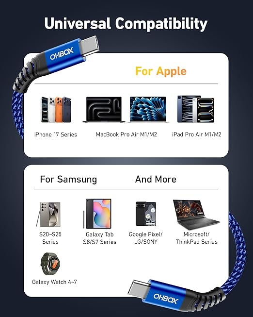 USB C to USB C Cable 60W [2Pack 3FT], USB C Fast Charging Cable for Car Durable Braided iPhone USB Type C Cable USBC to USBC Cord for iPhone 17/16/15/Pro Max/Plus, Samsung Galaxy S23 and More-Blue