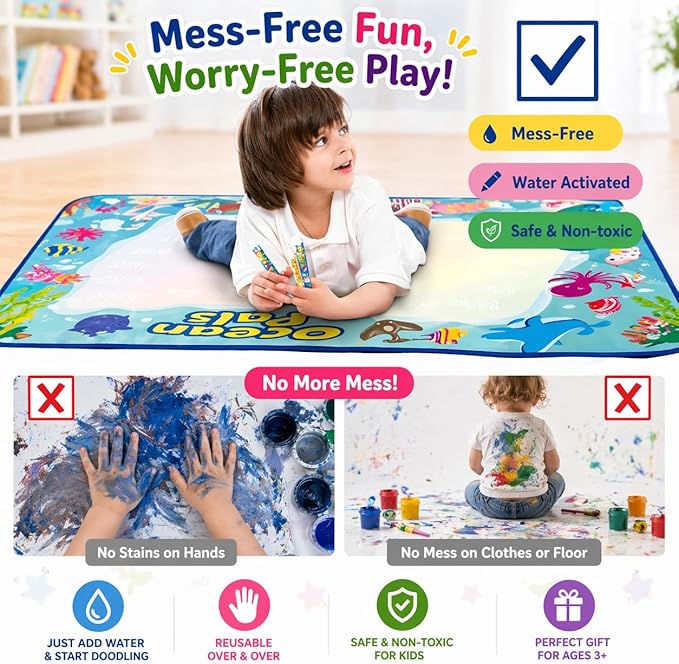 Water Doodle Mat for Kids, Large 40 x 32 Aqua Magic Reusable Drawing Mat, Mess Free Coloring & Writing Toy, Educational Gift for Toddlers Boys Girls