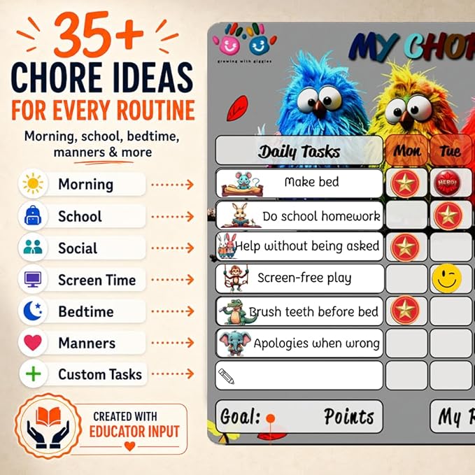 Mimi Doodle Magnetic Chore Chart for Kids – 16x12 Dry Erase Daily Responsibility Board for Fridge with 39 Chore tabs, 100 Reward Stickers – Behavior Chart for Kids at Home – Birds Theme