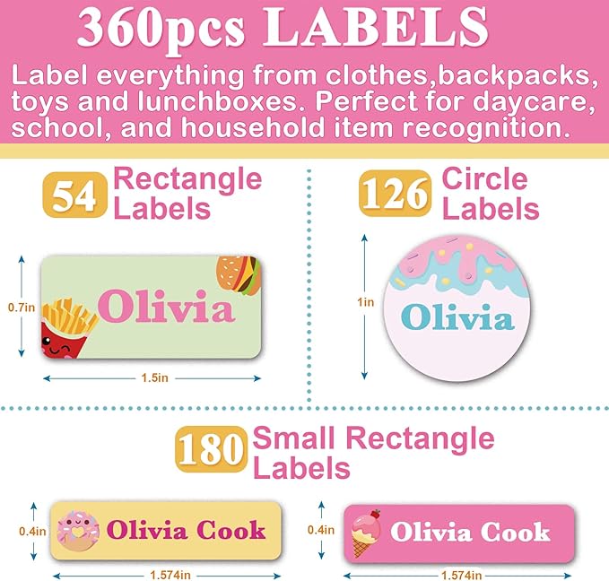 Daycare Name Labels for Kids, 360pcs Waterproof & Removable Name Stickers for Water Bottles, Lunch Boxes and School Daycare Name Tag (Food)
