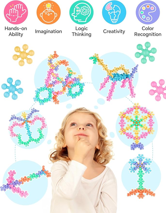 Snowflake Interlocking Building Block Educational Toy 100PCS for Kids Ages 3+, Multi-Color Solid Plastic Early Learning Creativity STEM Toy with Carrying Case Safe Material (Macaron Colors)