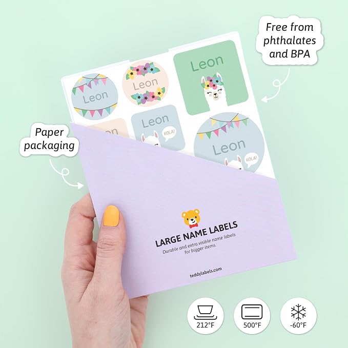Camp Name Labels for Kids (33) – Custom Waterproof Stickers for Water Bottles, Lunch Boxes, Daycare & School with Unique Designs - Llama