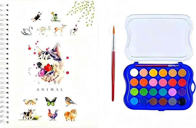 24 Colors Watercolor Book With Paint，Beginner Watercolor Workbook Kit, Watercolors Workbook (Animals -24 colors)