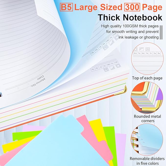 Hardcover Spiral Notebook 8"x10" Journal Notebook with Tabs and Removable Dividers 300 Pages 5 Subject Notebook College Ruled, Faux Leather Spiral Bound Notebook for Women School Work (Orange)
