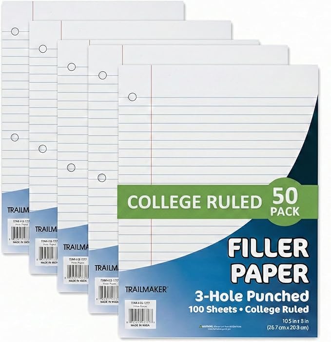 Trail Maker (50 Pack) Bulk Filler Paper College Ruled, 8 x 10-1/2 Inch College Ruled Paper, 3 Hole Punch, Loose Leaf Notebook Paper for 3 Ring Binders, 5000 sheets total
