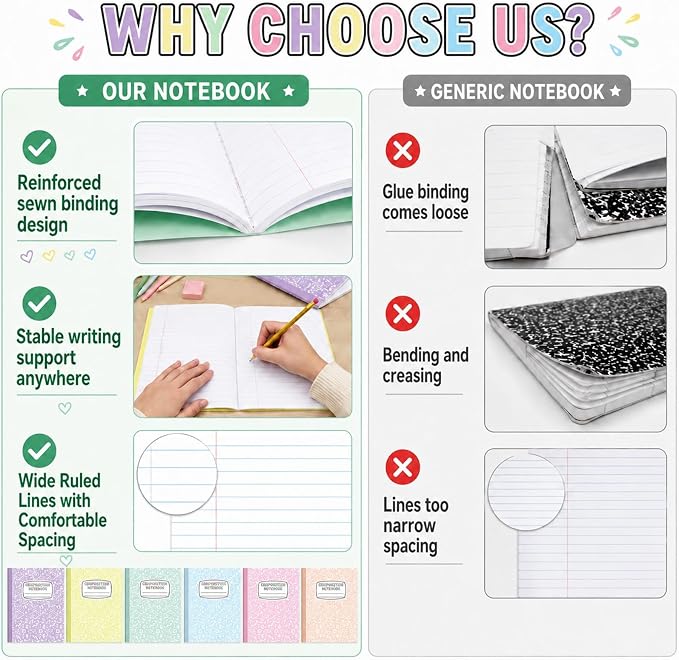 6 Pack Large Composition Notebooks Bulk 9.8 × 7.5 in Wide Ruled Hard Cover Composition Book Assorted Marble Journal College Ruled Paper for Adult Student College Office Back to School Supplies(Pastel)