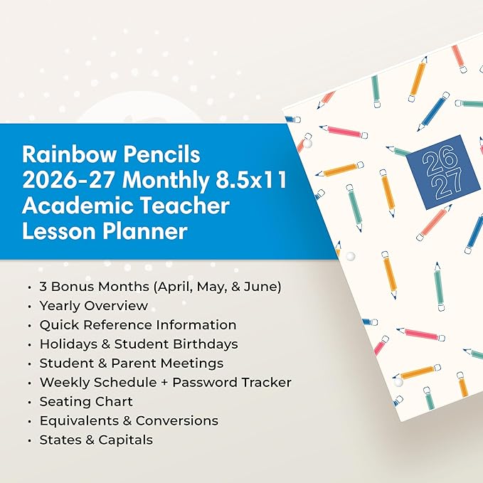 Blue Sky 2026-2027 Monthly Academic Year Teacher Planner Calendar, July 2026 - June 2027, 8.5" x 11", Coated Paper Cover, Stapled Binding, Rainbow Pencils