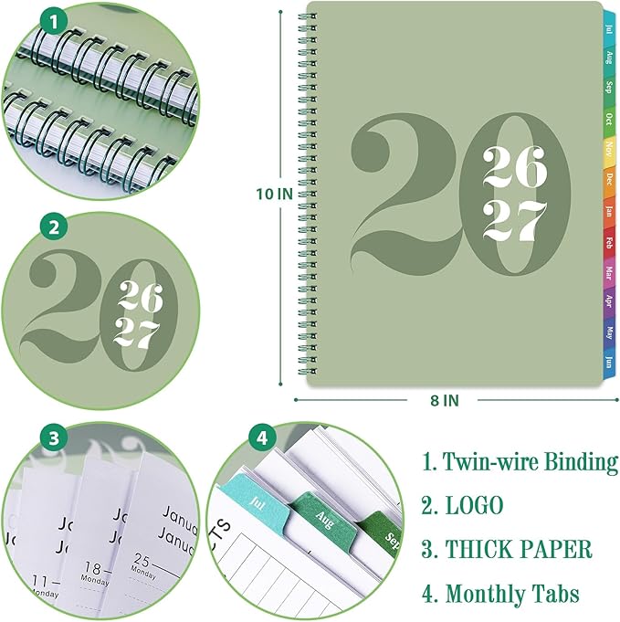Academic Planner 2026-2027 - Planner 2026-2027, July 2026 - June 2027, 8" x 10", 26-27 Planner Weekly and Monthly with Colorful Tabs, Twin-wire Binding, Inner Pocket - Green