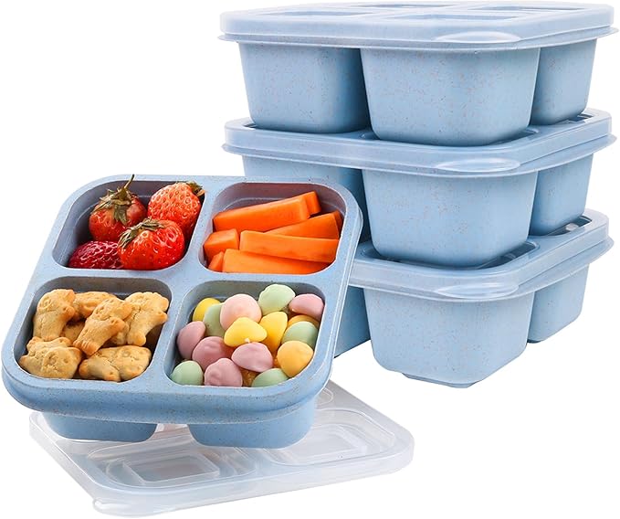 4 Pack Snack Containers with Lids, 2-Cup Capacity, 4 Compartments, BPA Free | Reusable, Snug Lids Retain Freshness, Microwave & Dishwasher Safe for Work, Travel and Picnic Meal Prep
