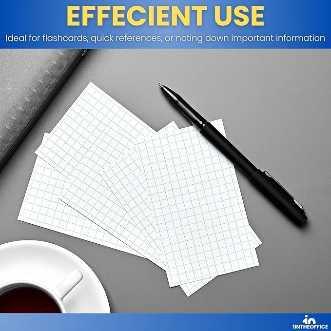 1InTheOffice Index Cards 3x5 Graph Ruled White, Grid Index Cards 200/Pack