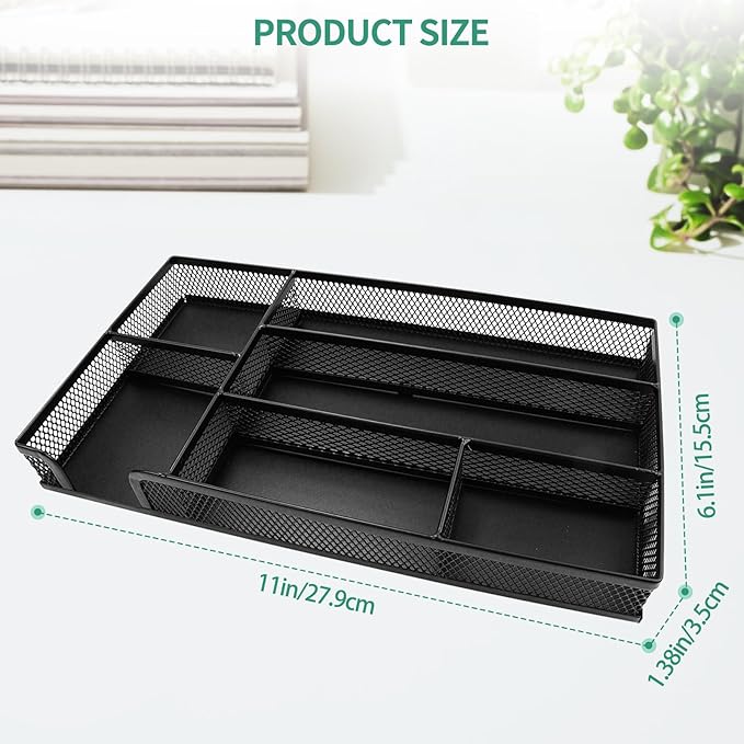GAQWOK Small Metal Mesh Desk Drawer Organizer Tray for Paper, Office, Bathroom, Kitchen, Makeup & Vanity - Versatile Drawer Organizer