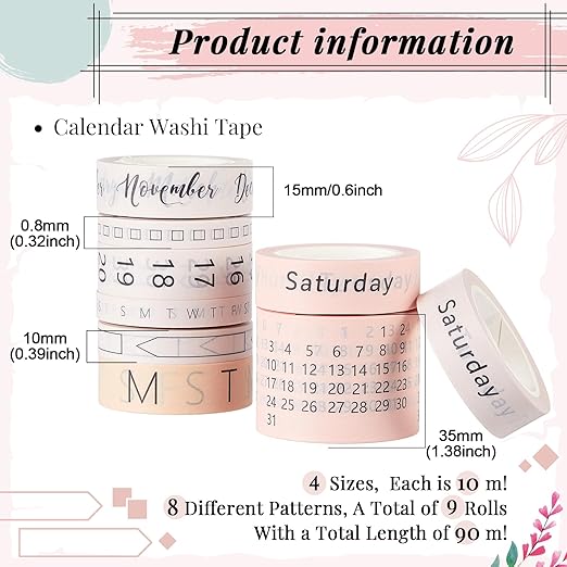 Chuangdi 9 Rolls Calendar Washi Tape Set Day Week Month Number Vintage Calendar Date Washi Masking Tape Decorative Patterned Marking for Arts Crafts Journal Planner (Light Brown, Beige, Pink)