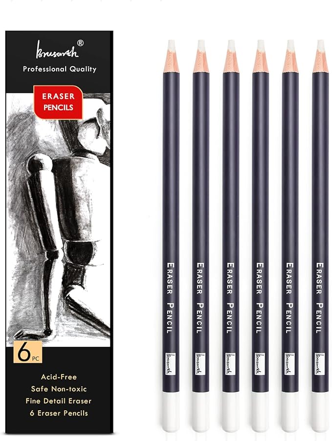 Brusarth Eraser Pencils Set - Professional 3pc Erasing Small Details or Add Highlights for Sketching, Colored Pencils, Charcoal Drawings. Fine Detail Eraser for Beginners & Artists