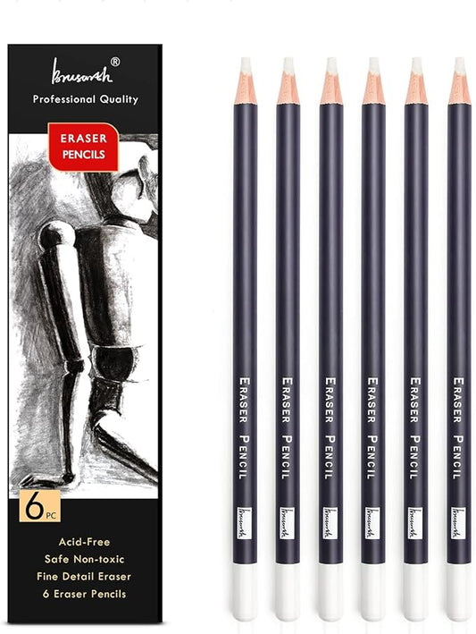 Brusarth Eraser Pencils Set - Professional 3pc Erasing Small Details or Add Highlights for Sketching, Colored Pencils, Charcoal Drawings. Fine Detail Eraser for Beginners & Artists