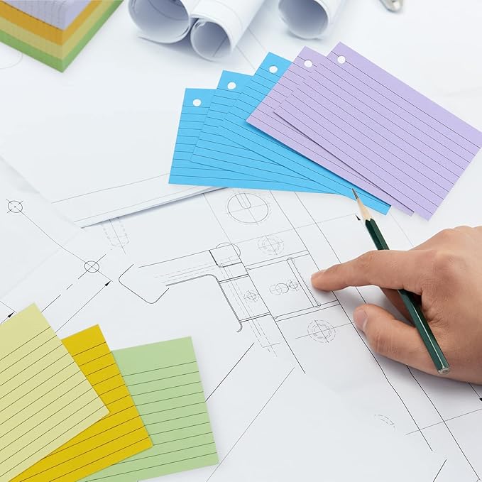 Tecmisse 600 Pieces Index Cards Rulded, Colorful Flash Cards 3 x 5 Index Card with Rings, Heavy Study Cards, Note Cards Punched for School Learning, Office and Home Uses (7-Color Thickened)