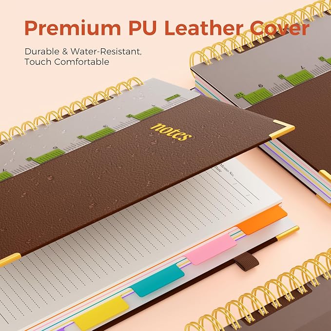 XYark A4 Hardcover Spiral Notebook, 8.5"x11" College Ruled Notebooks with Removable Dividers Tabs & Ruler, 5 Subject Notebook 300 Pages, Large Lined Journal for Women Men School Work Office, Brown