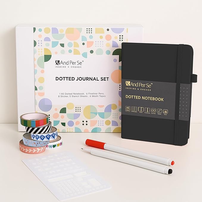 &And Per Se Dotted Journal Supplies – Journaling Kit with Dotted Notebook, Stencils, Stickers, Washi Tape & Colored Pens for Beginners (Black)