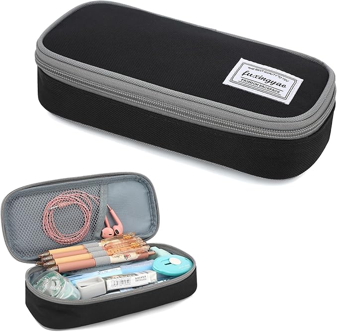 FUXINGYAO Pencil Case, Multi-compartment Pencil Pouch, Portable Pencil Bag (Black with Gray)