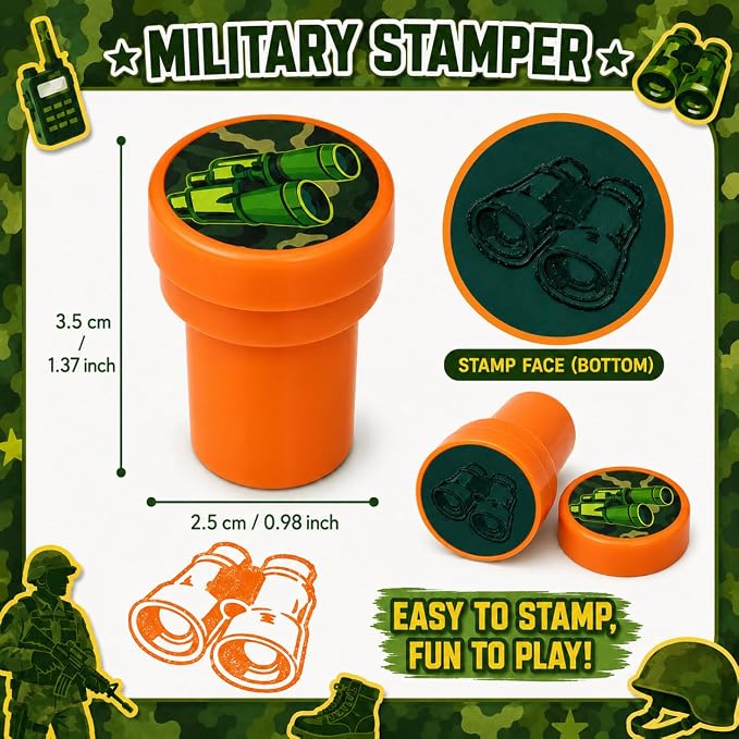 Cinrobiye 24 Pcs Military Theme Pre-Inked Stampers for Kids, Army Party Favor Stamp Set with 12 Unique Soldier Designs, Classroom Rewards, Birthday Party Supplies, Goodie Bag Fillers, Carnival Prizes