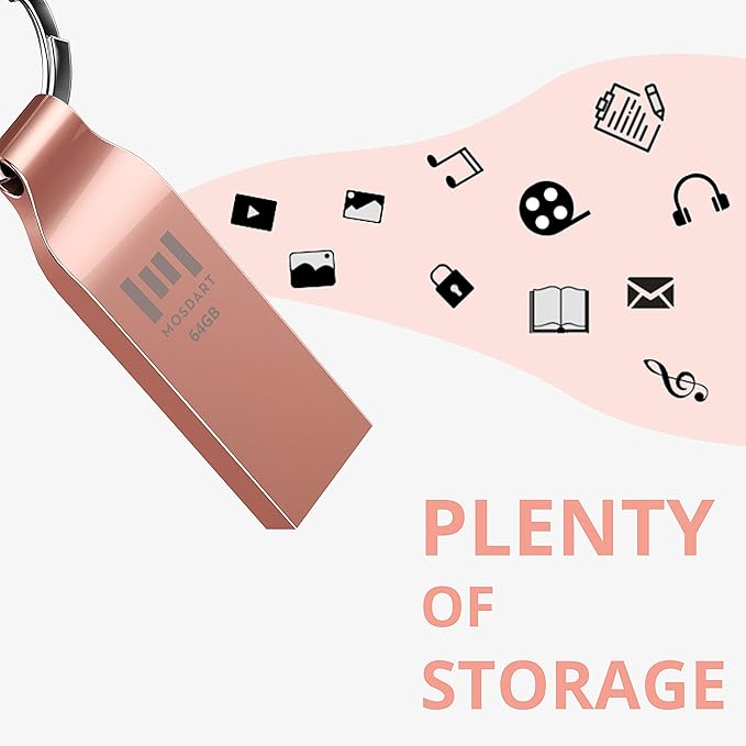 MOSDART Waterproof 64GB USB2.0 Flash Drive, exFAT Metal Memory Stick with Keychain, for System Back, Data Storage, Rose Gold(Pack of 2)