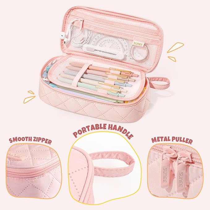 SUNEE Cute Pencil Case, Large Capacity Pencil Pouch Aesthetic Zipper Pencil Bag, Big Storage Pen Organizer for Stationery, Soft Quilted Pencil Box Back to School Supplies for Teen Girls Boys,Soft Pink