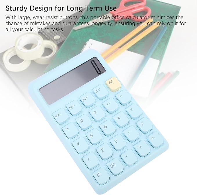 Aramox Basic, Smart, Portable Calculator with Large Display for School and Office Use, Powered by Solar Energy, Compact Design, Mechanical Keys (Blue)