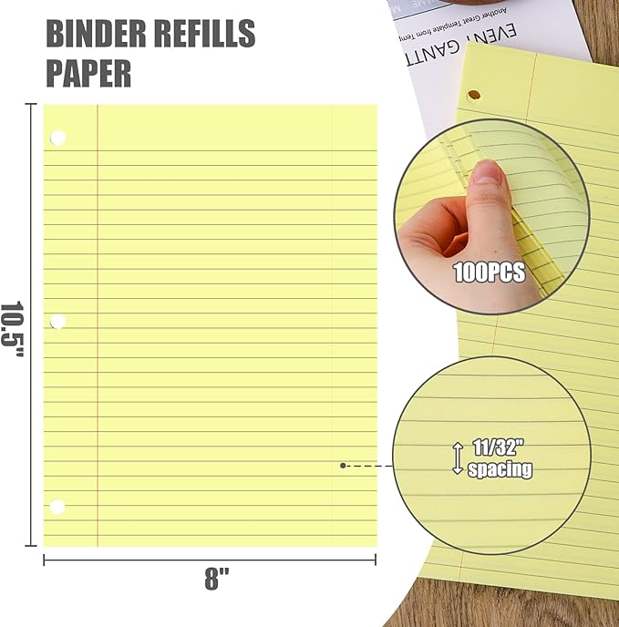 HIBOX Yellow Loose Leaf Paper, 100 Sheets 8"x10.5" Wide Ruled Filler Lined Notebook Paper, 3-Hole Punched for 3-Ring Binders Notebook, Back To School & College, Fights Ink Bleed, Office Planners