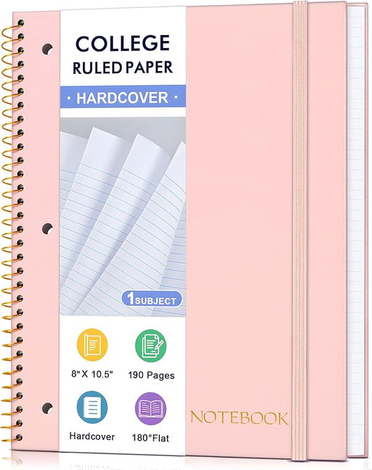 MUAHLIUB Spiral Notebook College Ruled Paper 8" x 10-1/2", 1 Subject Spiral Notebook, 3-Hole Punched Perforated Pages Ideal for School, Office, Writing, 95 Sheets Lined Journaling Notebook, Pink