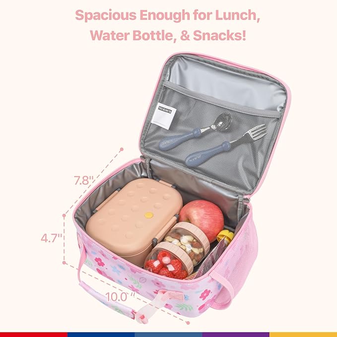 Bagseri Kids Lunch Bag Girls - Thermal Insulated Lunch Box Tote with Water Bottle Holder, Reusable Leak-Proof Kids Lunch Box for Daycare & School, Pink Floral (Containers Not Included)