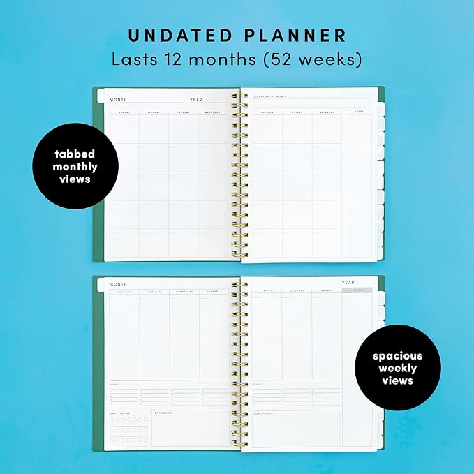 PAPERAGE Undated 12 Month Weekly & Monthly Planner with Durable Cover & Spiral Binding, 7.5 in x 9 in, Productivity Planner with Note Pages, Goals & Budget Trackers, Stickers & Bookmark (Dark Green)